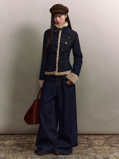 Denim Panel Fur-Trim Down Jacket