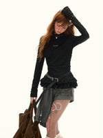 Ruffle High-Neck Slim Long Sleeve Top