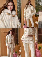 Floral Fur-Trim Hooded Cardigan & Pants Set