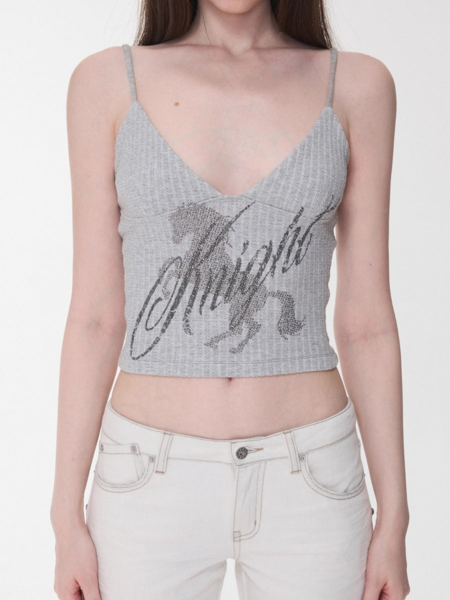 Knight Horse Rhinestone Cable Knit Cami Top