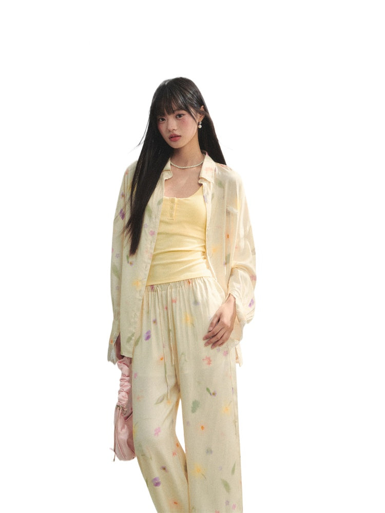 Lace-trimmed Floral Print Long-sleeve Shirt