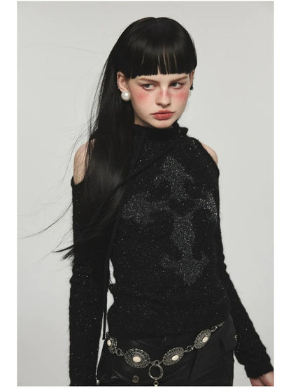 Mohair Off-Shoulder Knit Hoodie
