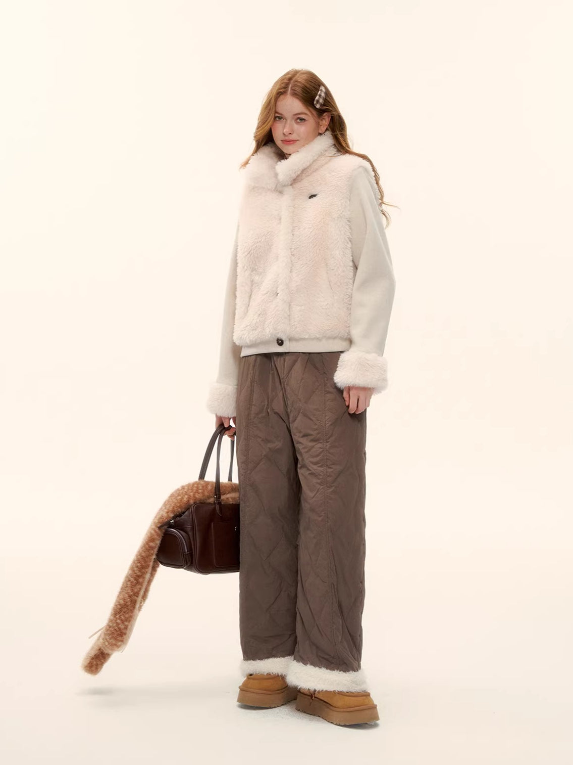 Eco-Faux Fur Knit Stand Collar Jacket