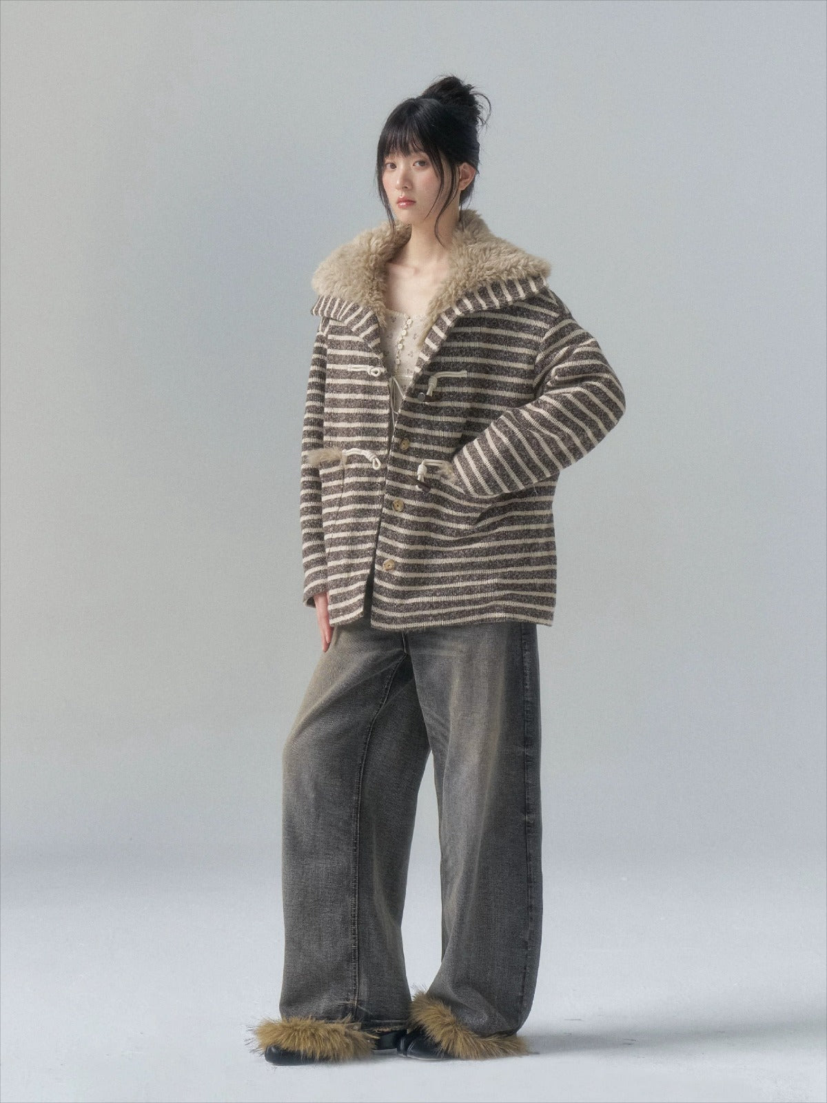 Striped Horn-Button Collar Coat