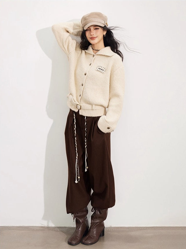 Collared Belted Knit Cardigan