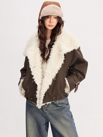 Sheepskin Splicing Quilted Boxy Short Jacket