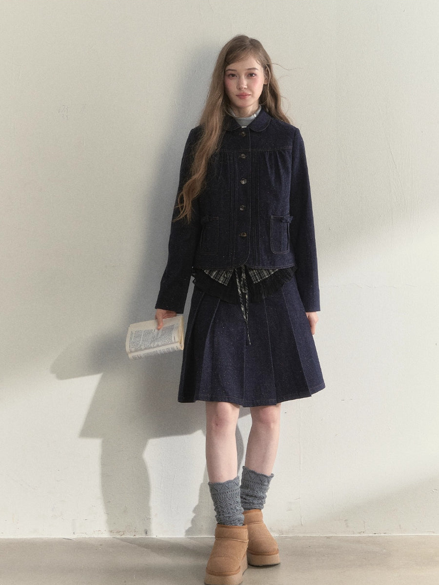 Vintage College Denim Padded Jacket &amp; Skirt Set