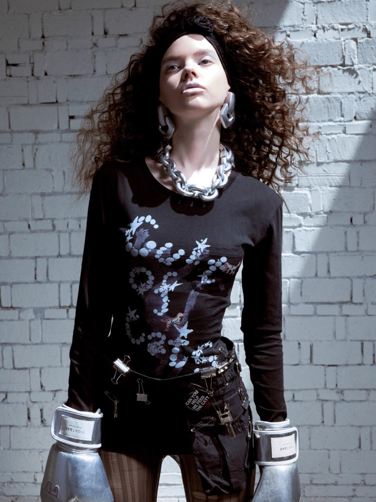 Cat Print Open-Back Long-Sleeve T-shirt