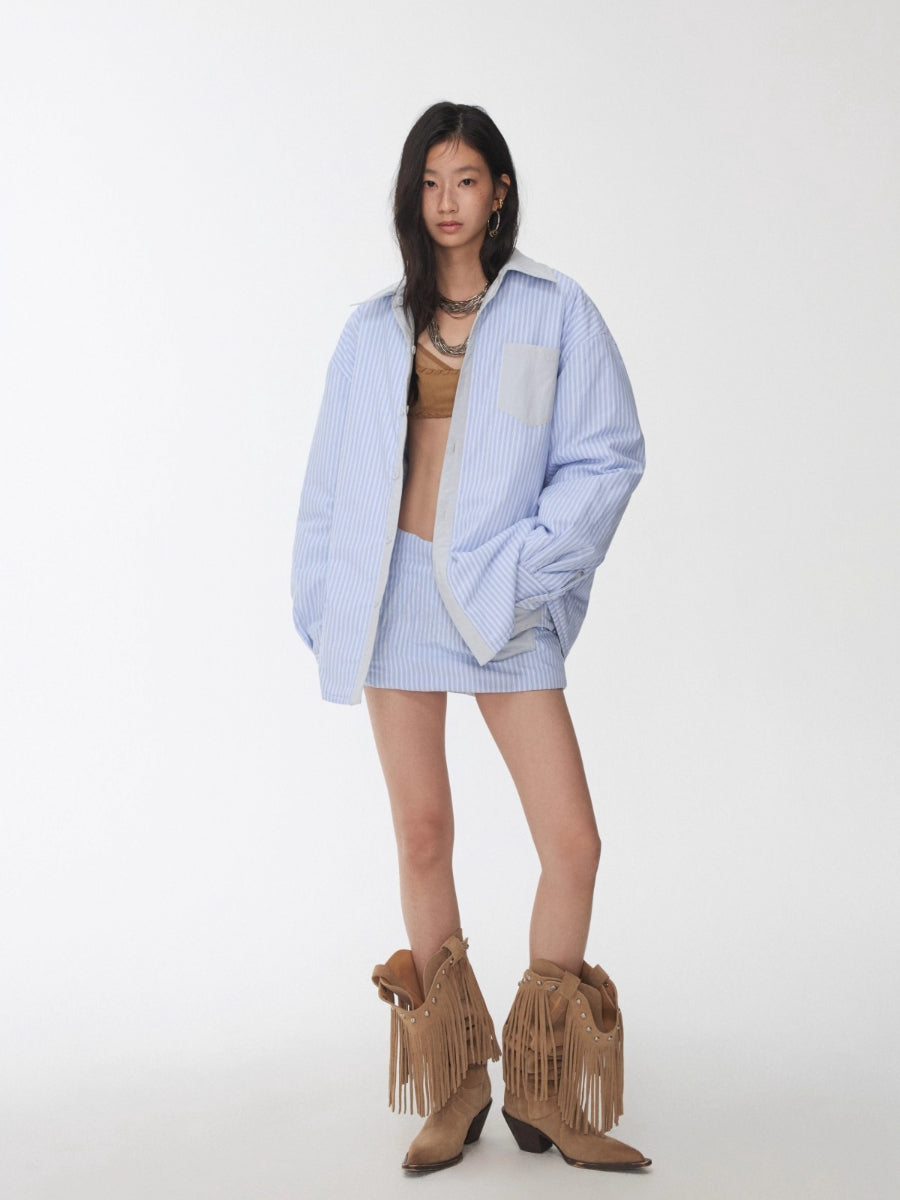 Embroidered Striped Reversible Cotton Padded Shirt &amp; Skirt Set