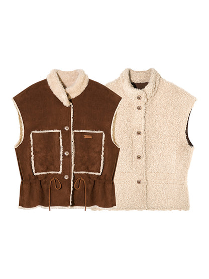 Reversible Suede Drawstring Shearling Vest