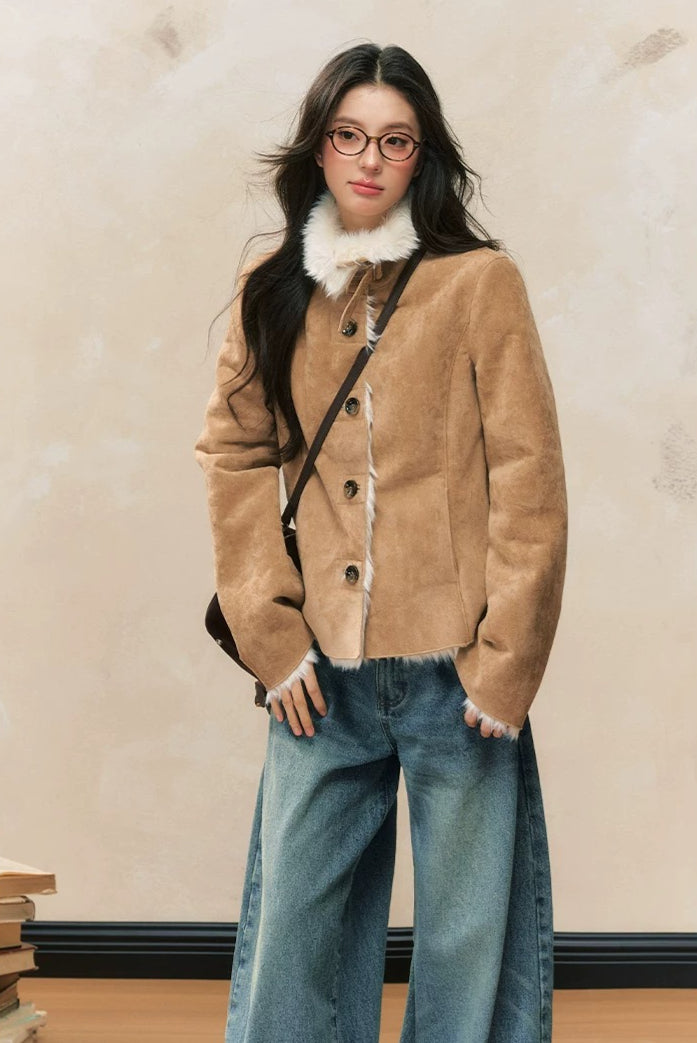 Khaki Shearling Fur Coat