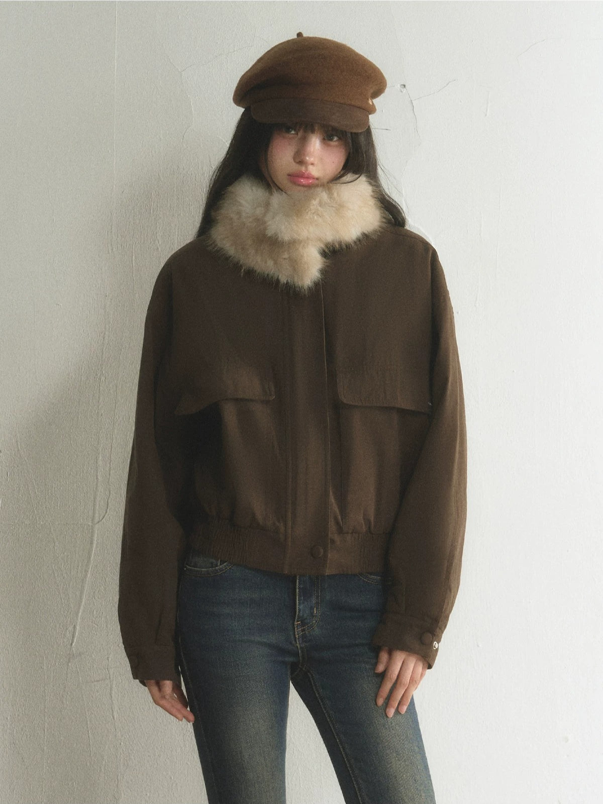Vintage Detachable Fur-Collar Utility Jacket