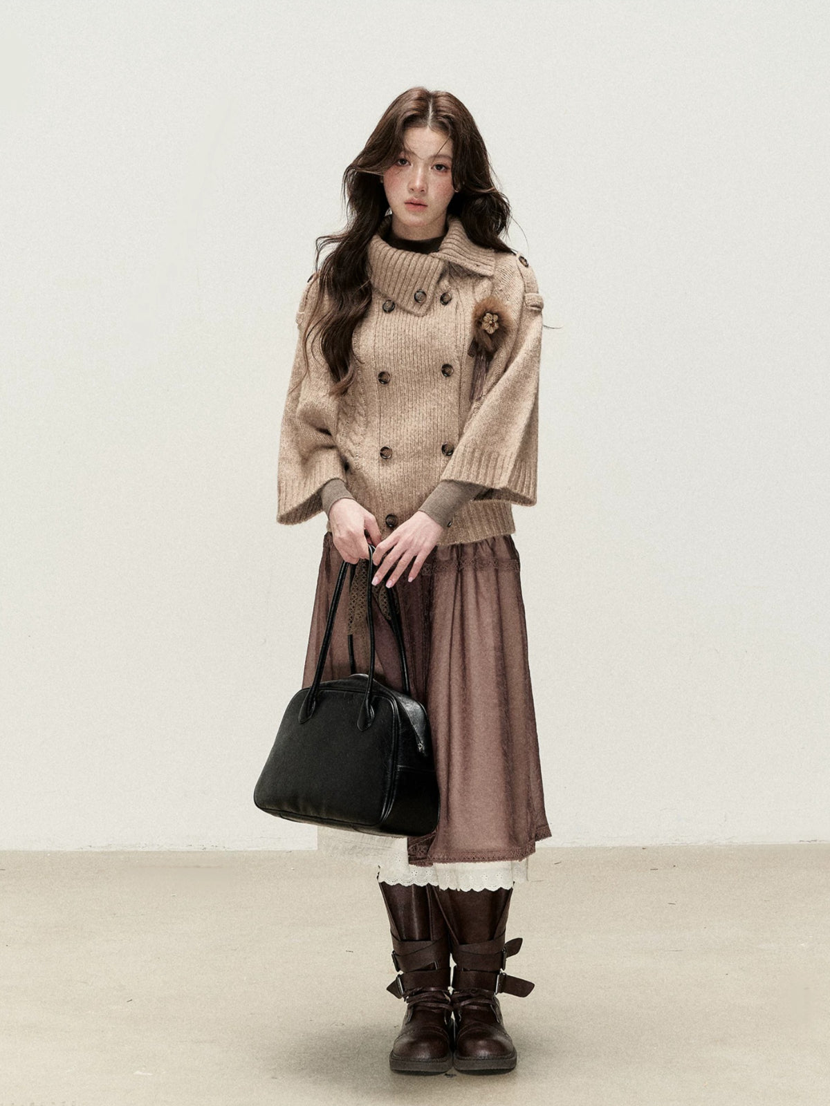 Vintage Cocoa Lace Layered Midi Skirt