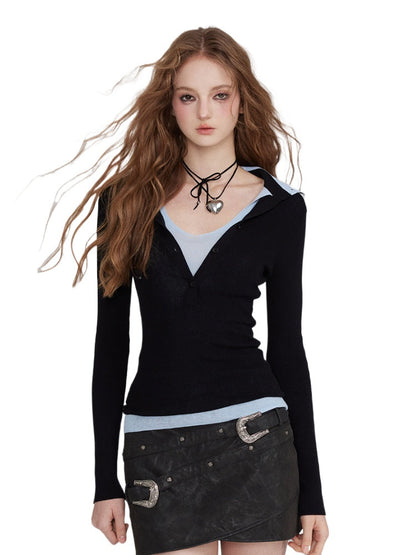 Brown &amp; Black Mock Two-Piece V-Neck Sweater