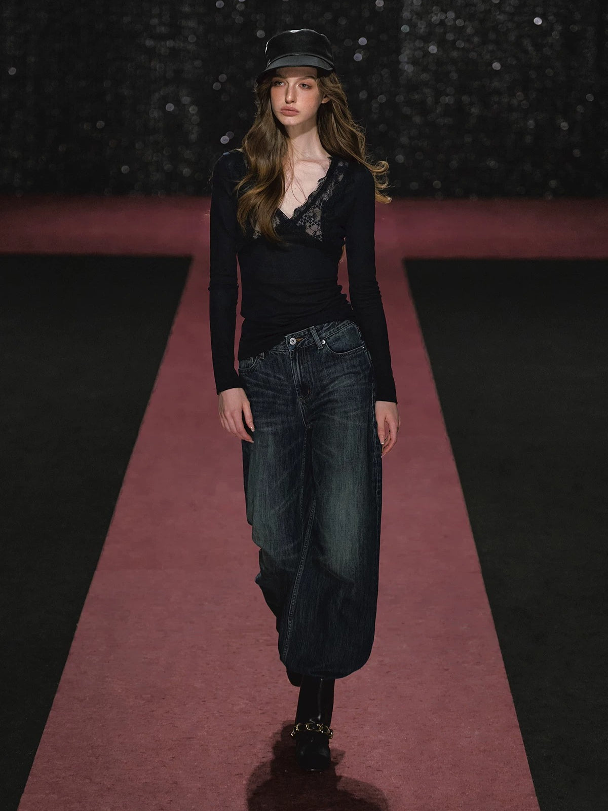 Plaid Embroidered Wide Leg Jeans