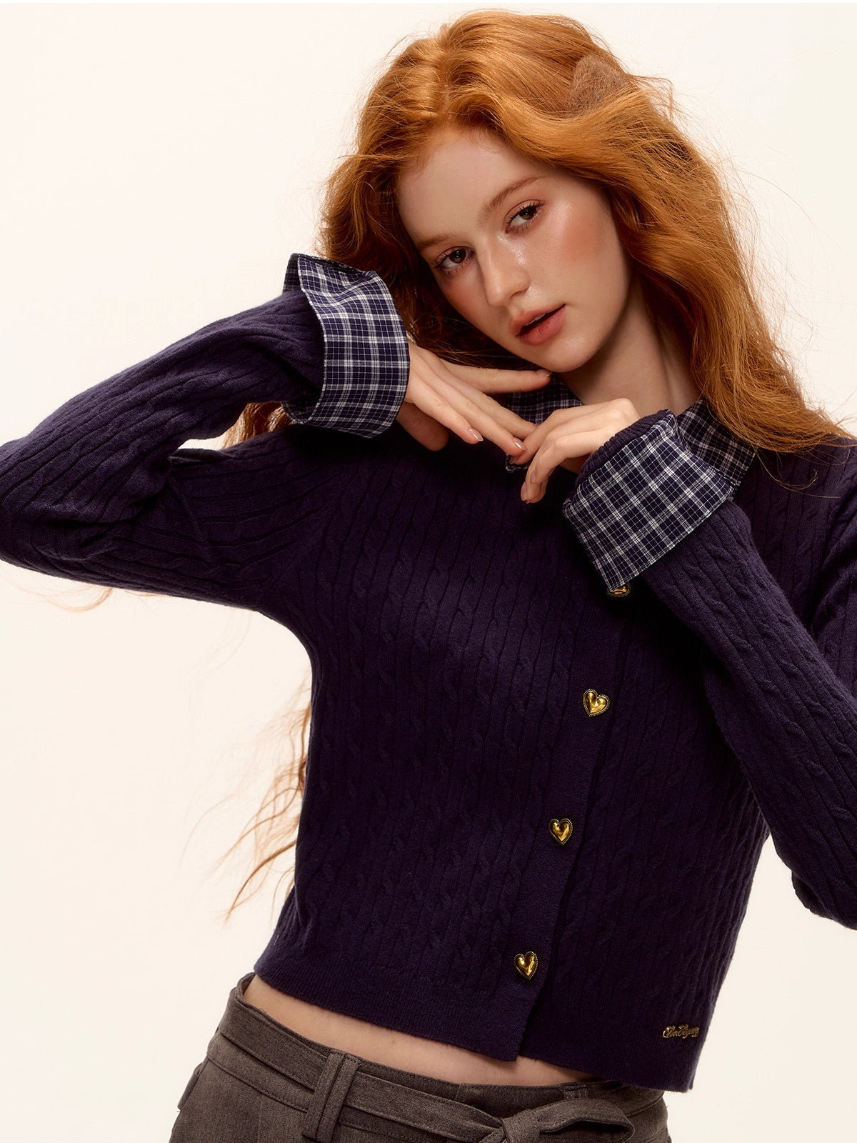 Plaid-Collar Cable Knit Top