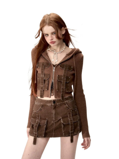 Coffee &amp; Gray Patchwork Drawstring Cardigan