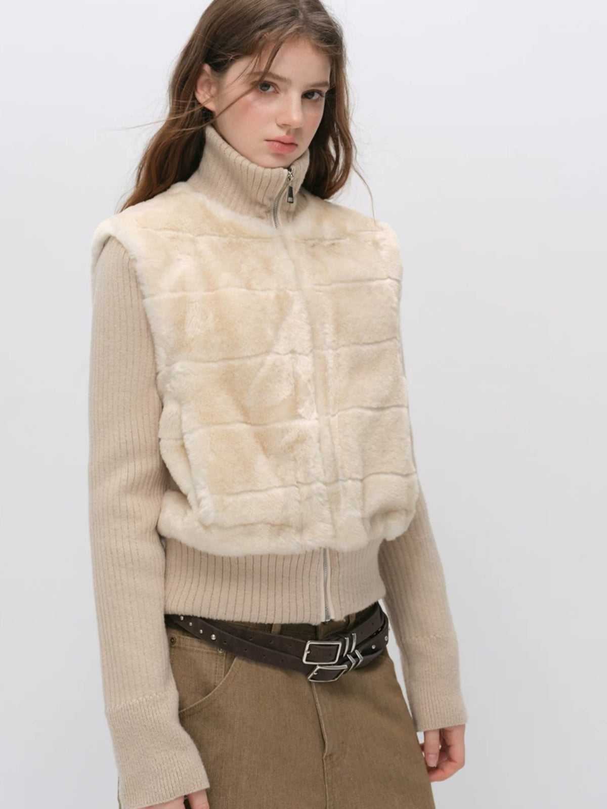 Faux Fur Ribbed Knit Patchwork Jacket