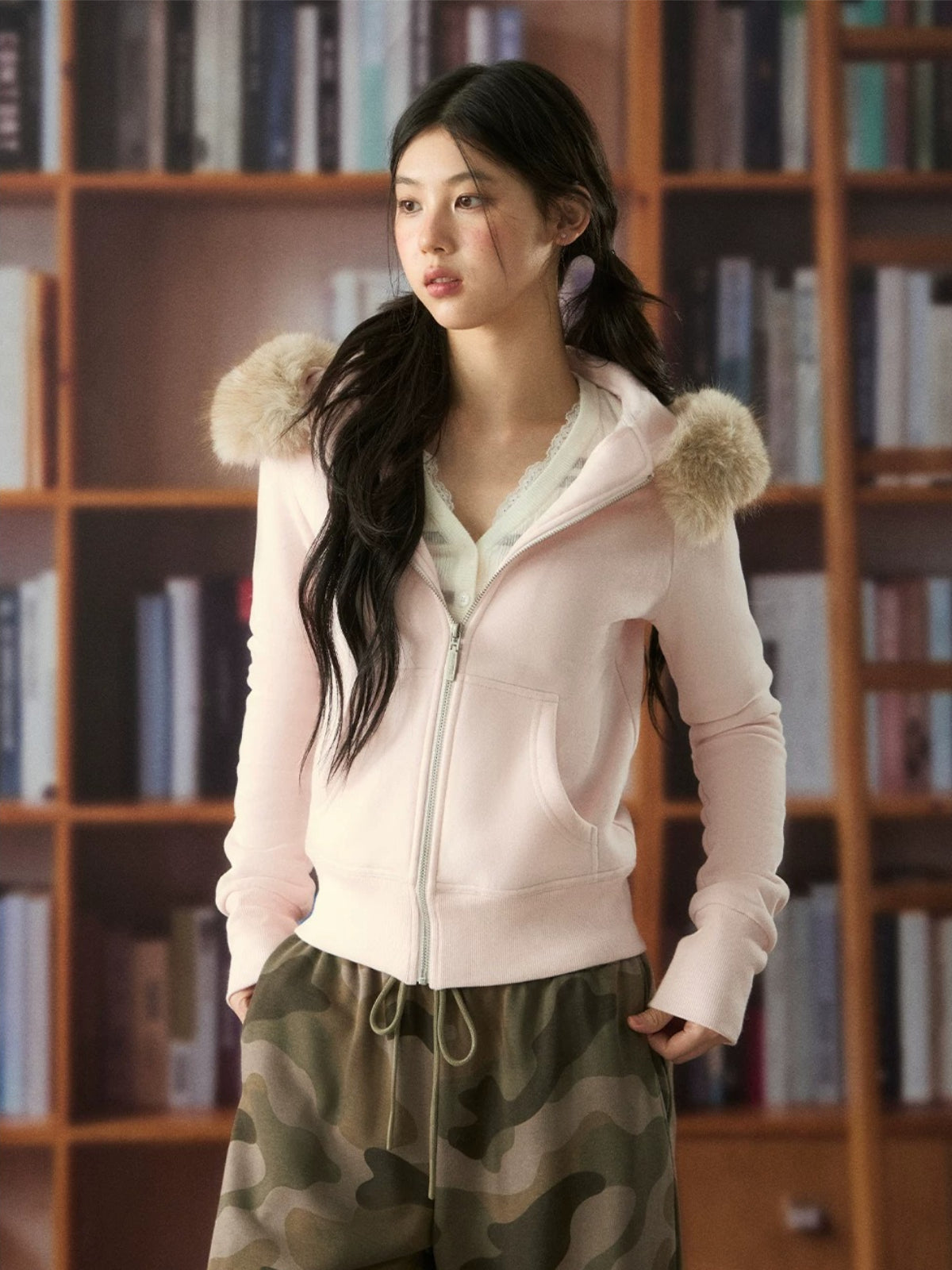 Pink Fur Collar Hoodie