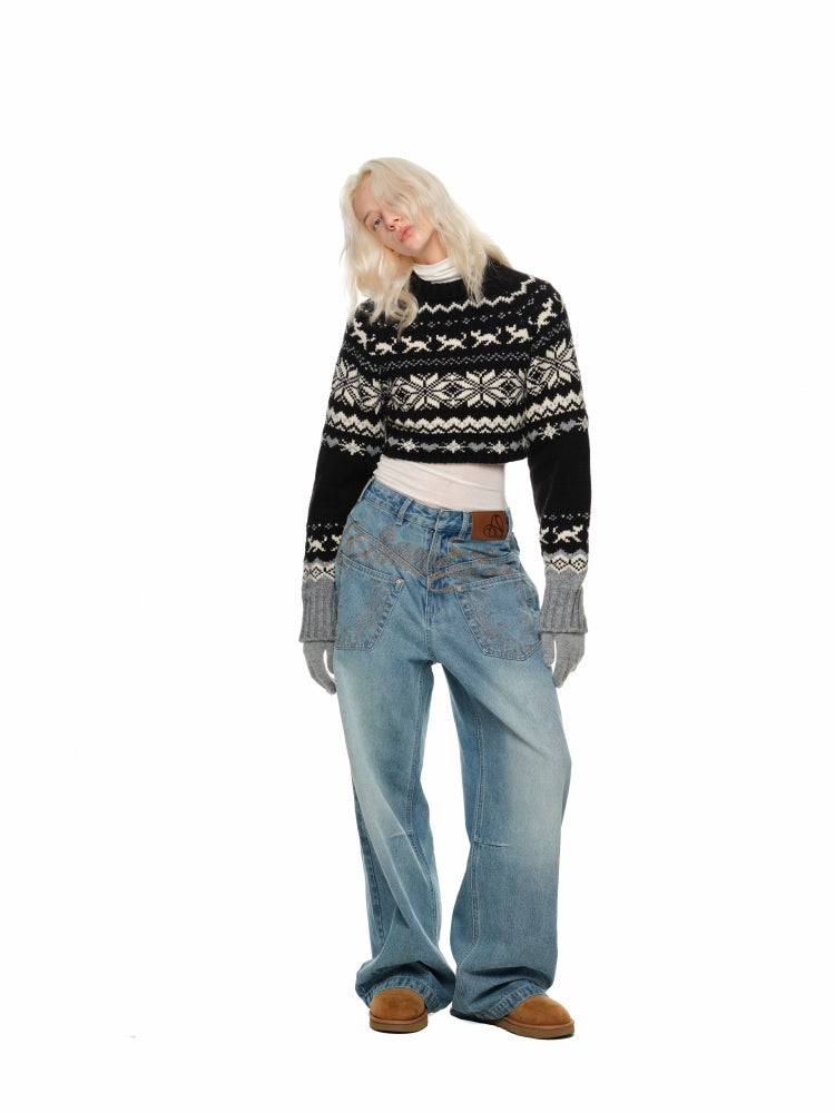 Vintage Jacquard Chunky Knit Crewneck Sweater