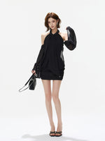 Halter Ruched Bell Sleeve Mini Dress