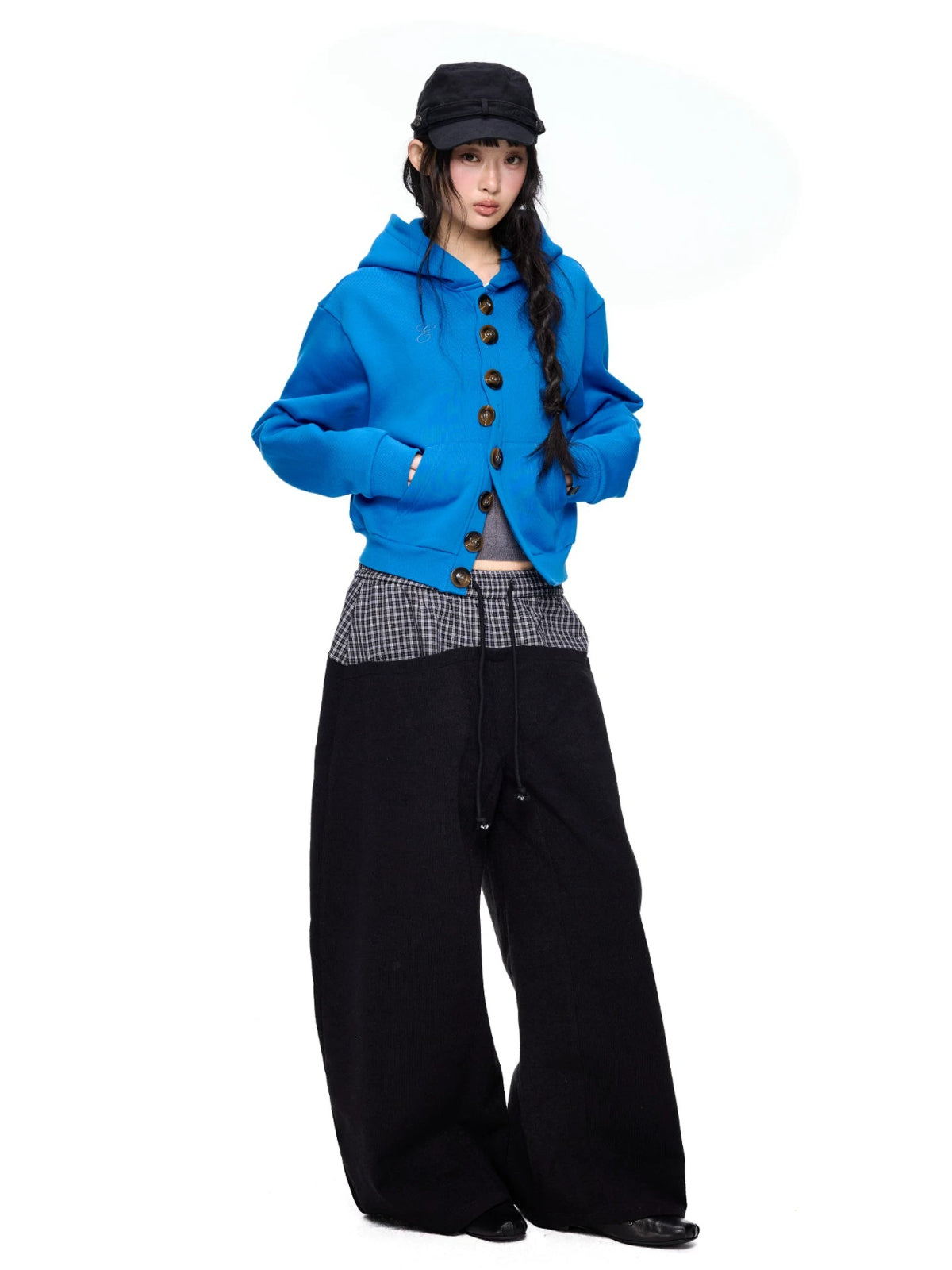 Button Embroidered Cropped Hoodie