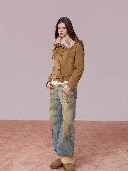 Faux Fur Collar Removable Belted Jacket