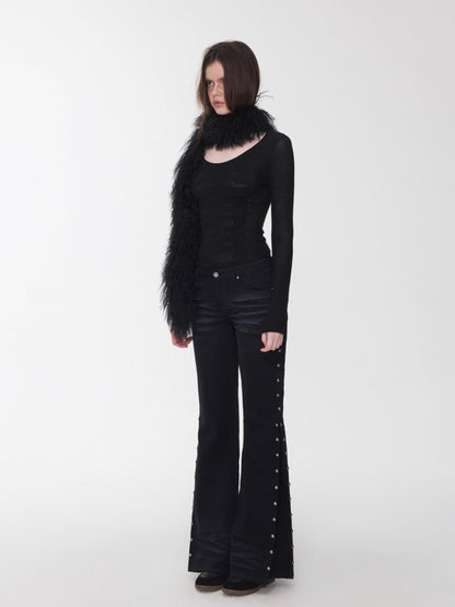 Studded Flared Denim Whisker Detailing Jeans