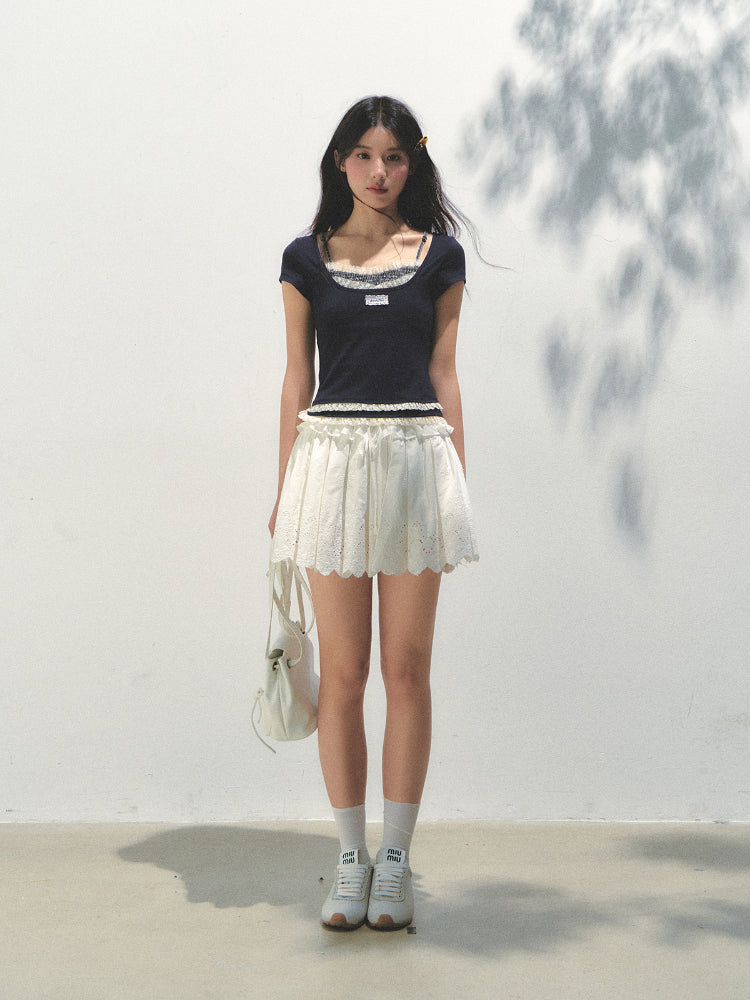 Two-piece Spliced Hem Lace Short-sleeve T-shirt