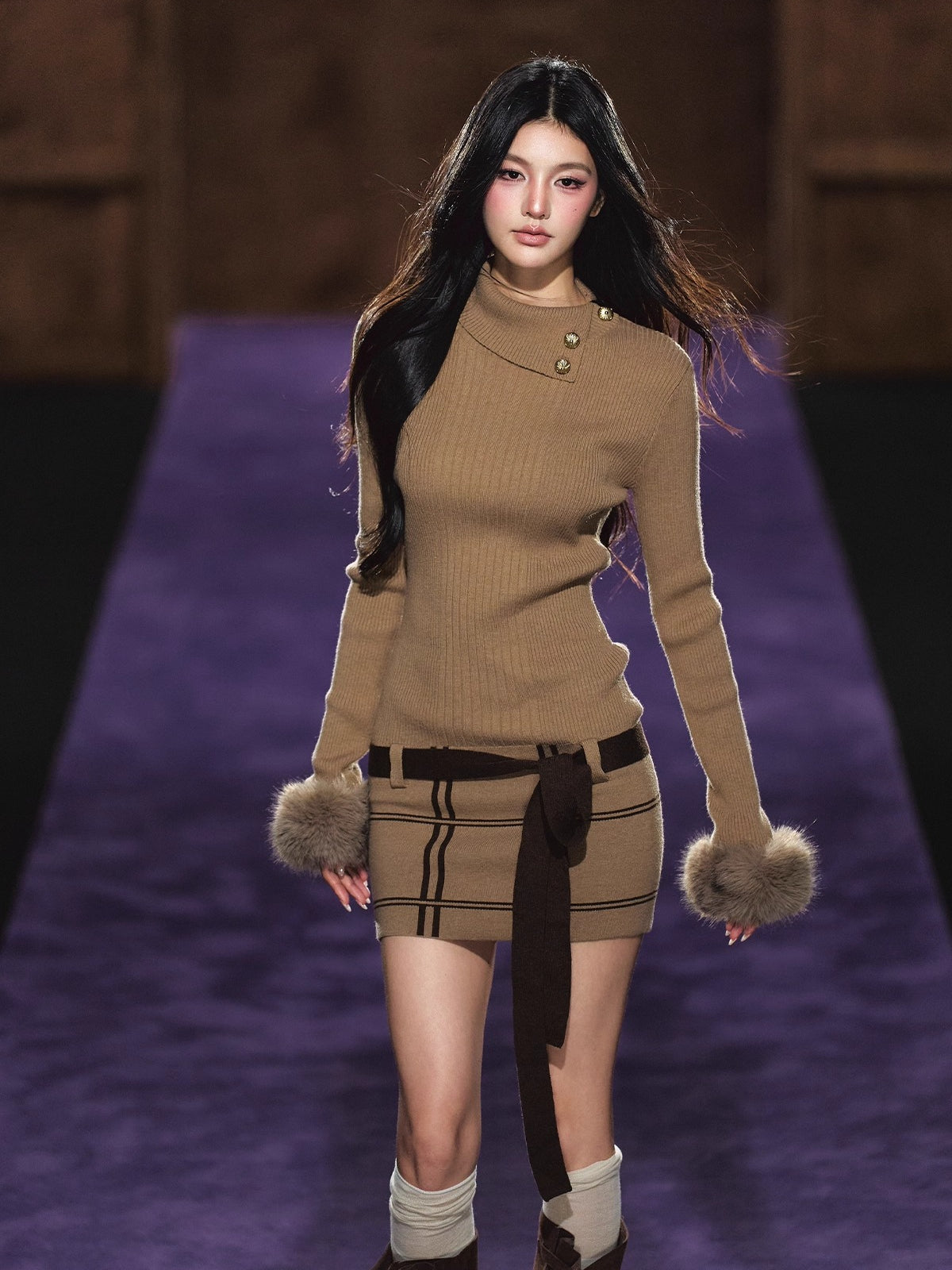 Turtleneck Fuzzy-Cuff Knit Dress