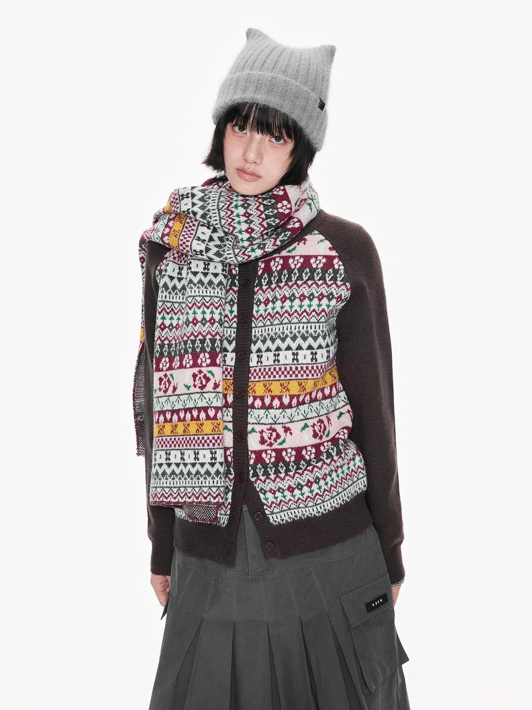 Contrast Folk Print Cardigan Set