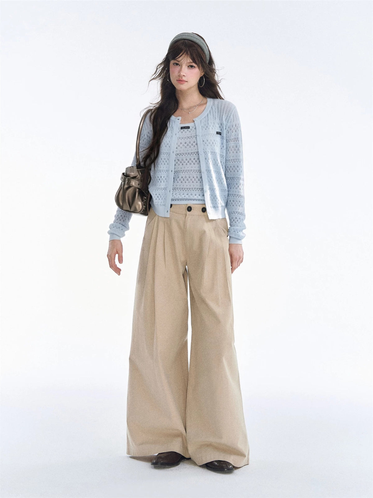 Khaki Pleated Wide Leg Trousers