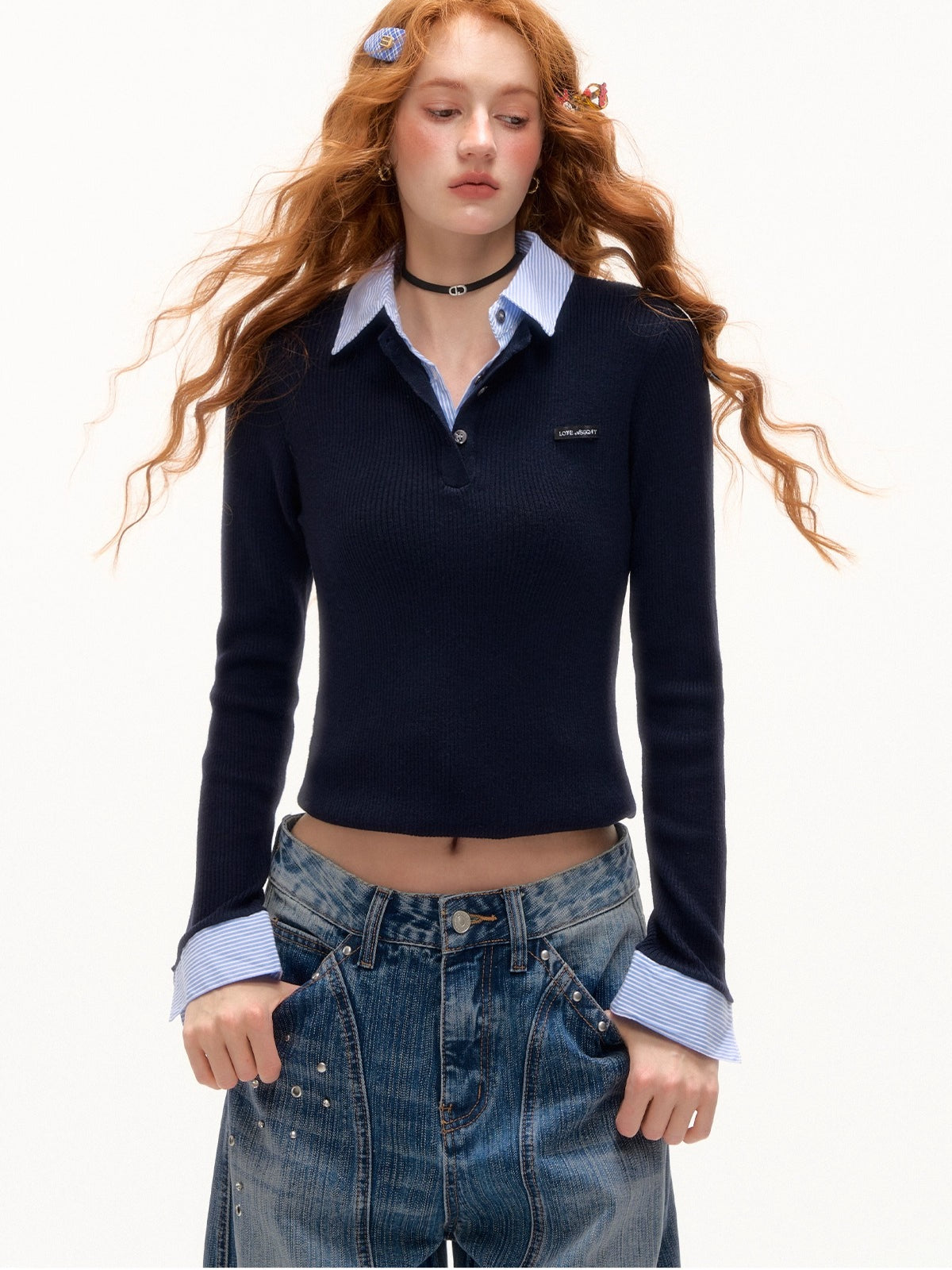Blue &amp; Gray Striped Knit Lapel Sweater