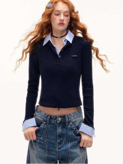 Blue &amp; Gray Striped Knit Lapel Sweater