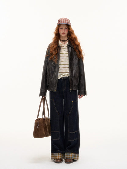 Yellow &amp; Red Plaid Hem Denim Pants