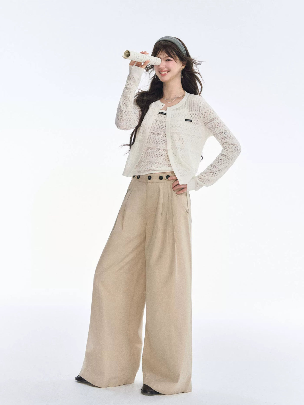 Khaki Pleated Wide Leg Trousers