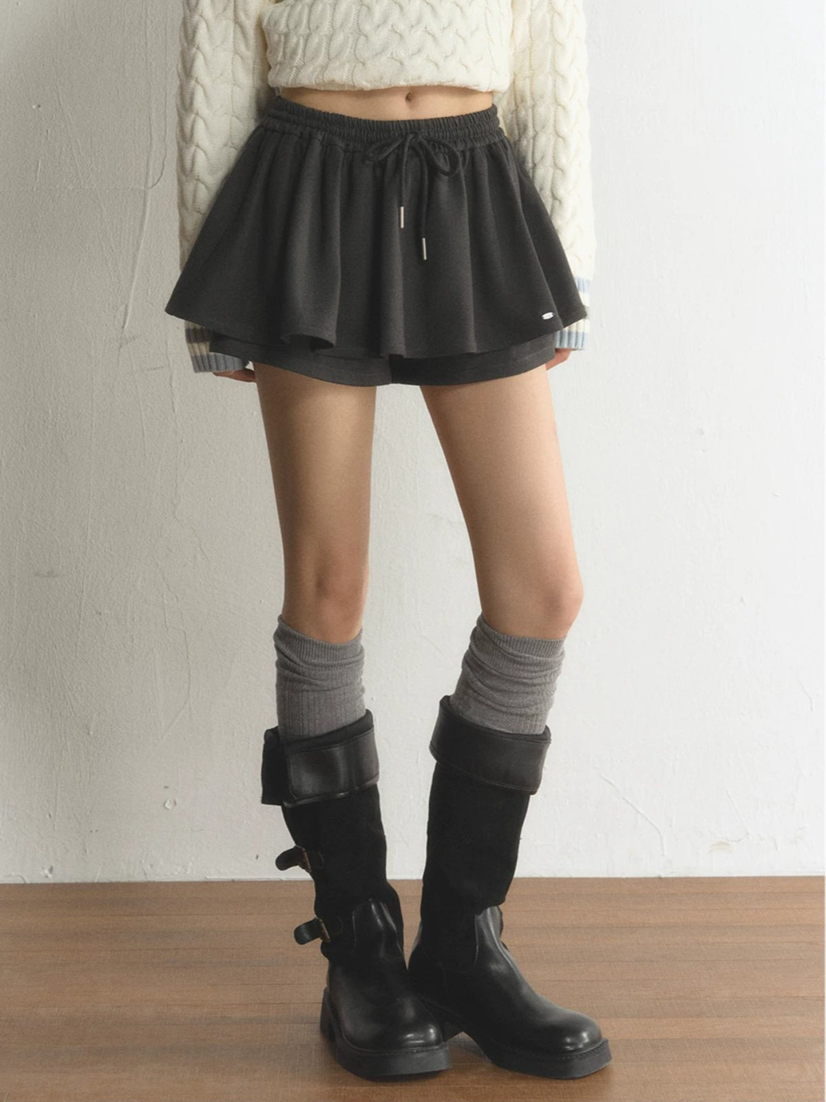 Drawstring Waist Flared Mini Skort