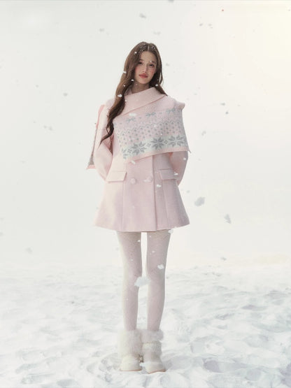 Double-Breasted Fur-Collar Coat Set