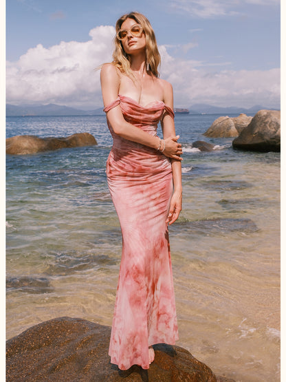 One-shoulder Pleated and Gradient-dyed Dress