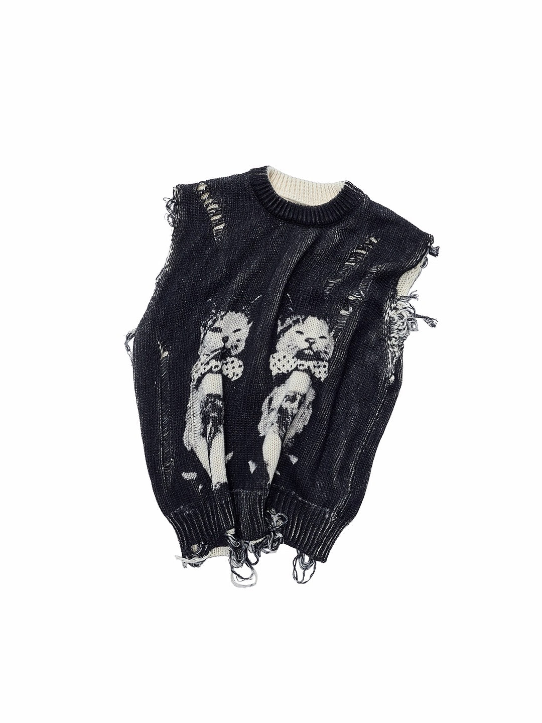 Cat Print Distressed Knit Vest