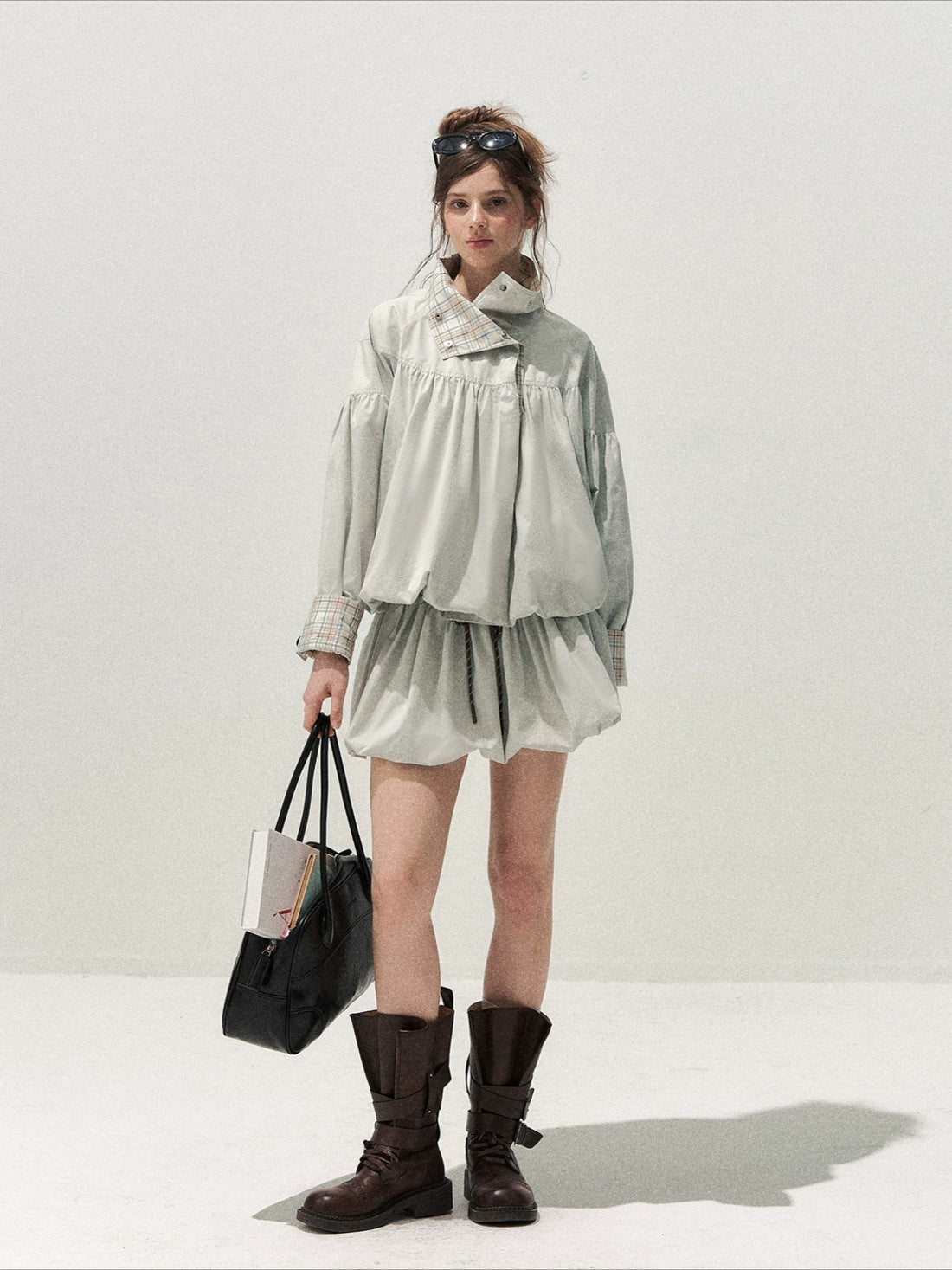 Blue Gray Plaid Trench Coat Set