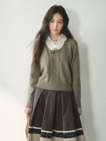 Floral Collar Bow Cable Knit Sweater