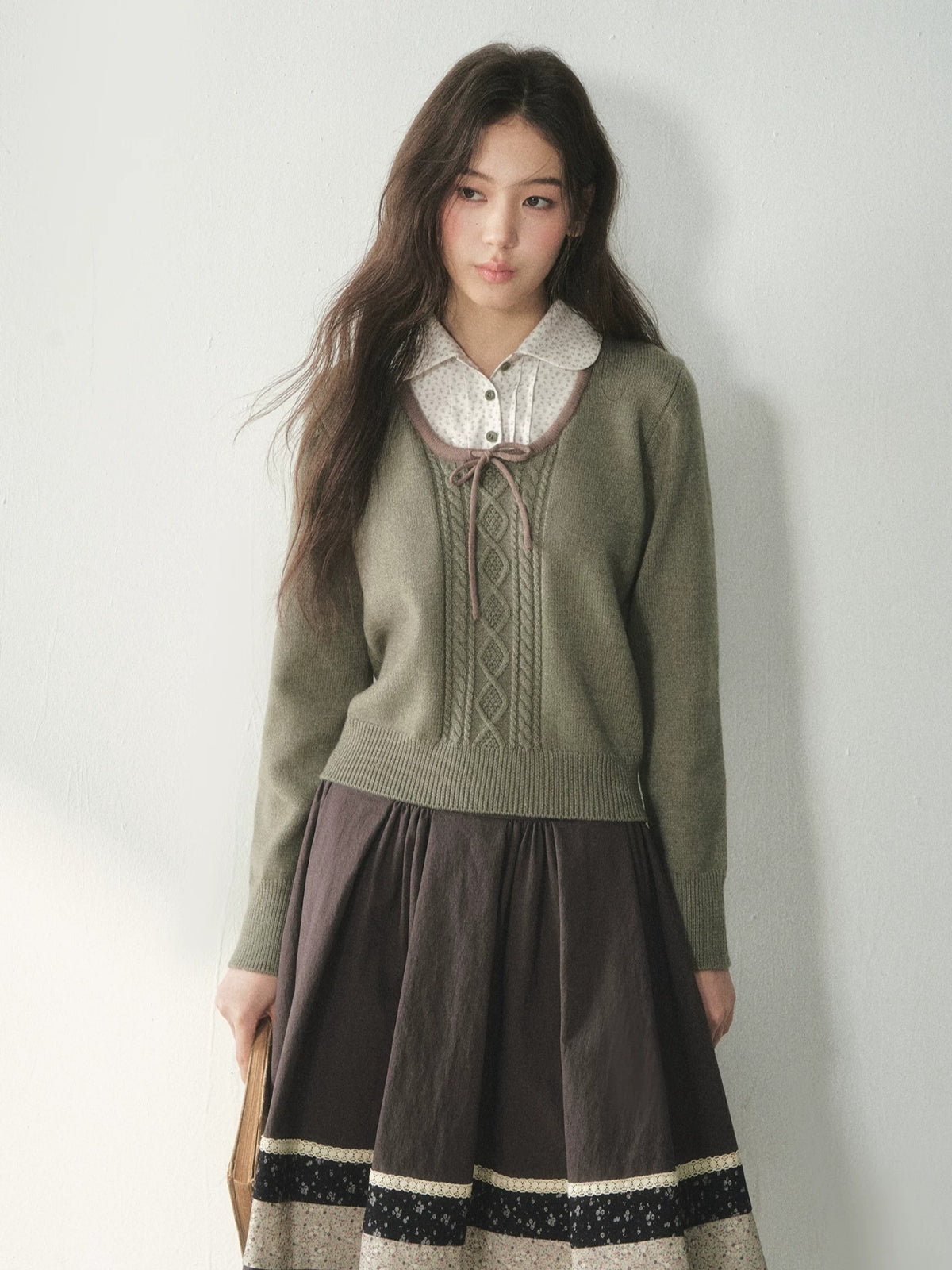 Floral Collar Bow Cable Knit Sweater