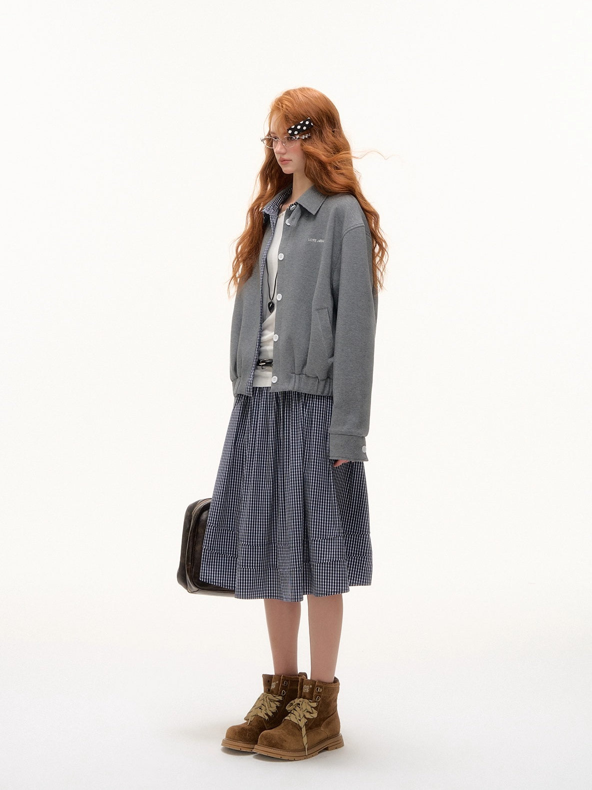 Plaid Collar Zip Sweatshirt Jacket