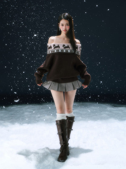 Brown Fair Isle Off-shoulder Sweater &amp; Skirt Set