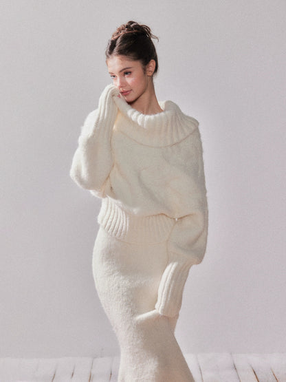 Oversized Turtleneck Off-Shoulder Sweater &amp; Skirt Set