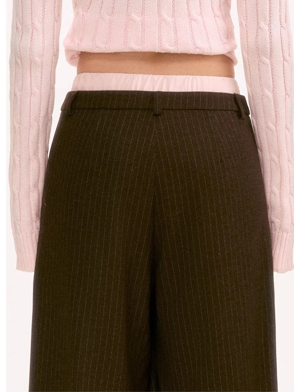 Brown Double-Waist Stripe Wide-Leg Pants