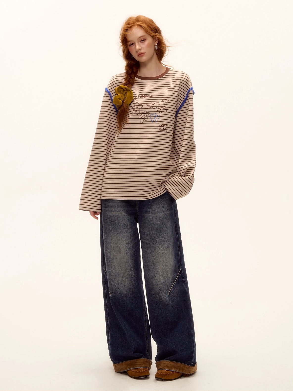 Suede Patchwork Cat-Whisker Wide-Leg Jeans