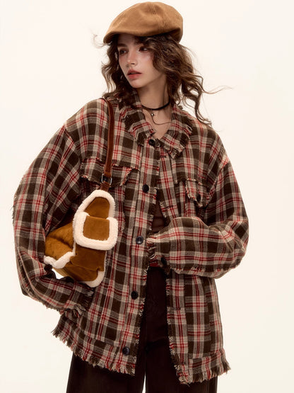 Checked Wool Blend Fringe Edge Shirt Jacket