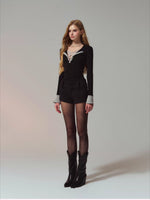 Lace Layered Spliced Henley Neck Slim Long-Sleeve